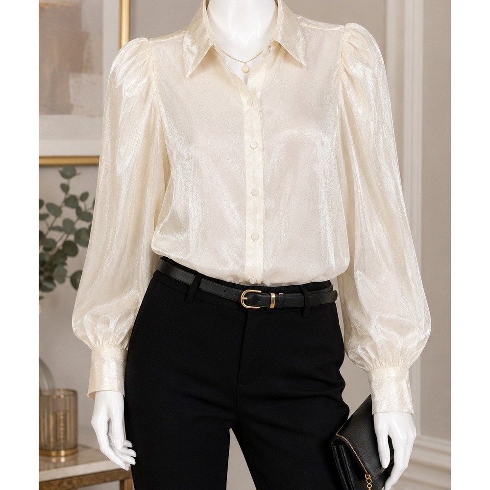 Ann Taylor Womens Blouse Cream Shimmer Sheer Puff Sleeve XS